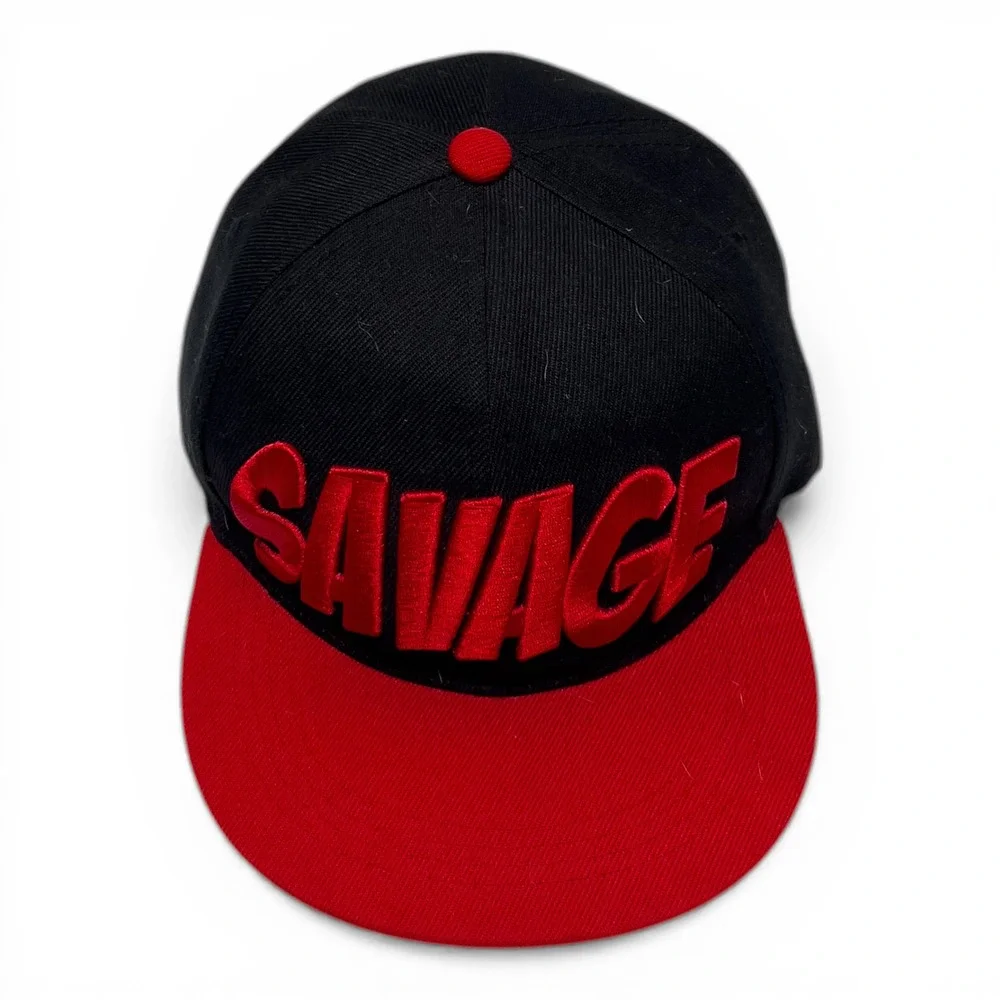 Six Flags Savage Snapback‎ Hat Mens OSFA Black Red Flat Brim 3D Embroidered Cap